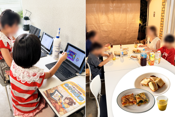 あやめ池子どもガレージ食堂で、地域の人がピザとサンドイッチを食べる様子